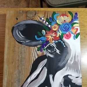 Hand painted cow,on rustic wood.